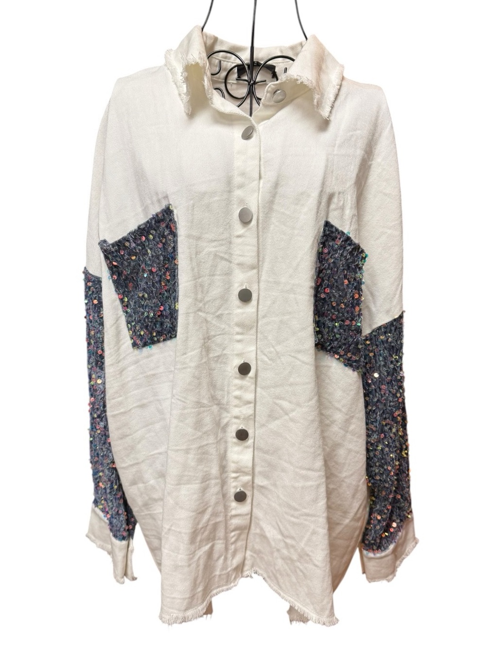 chicme Cream Distressed Crewneck Top Blue Gray Sequin Sleeves Pockets XXL